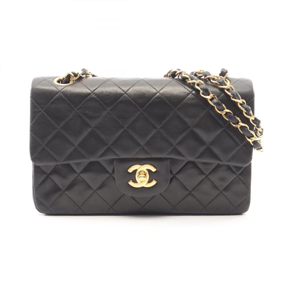 Chanel Matelasse Double Flap Shoulder Bag Lambskin Sheepskin Black